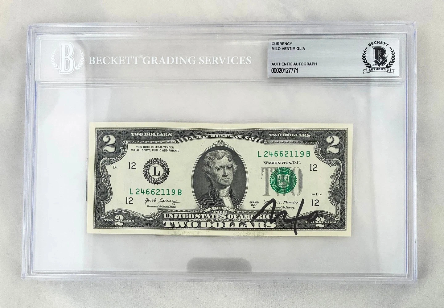 Milo Ventimiglia Signed $2 Bill US Currency Beckett BAS COA