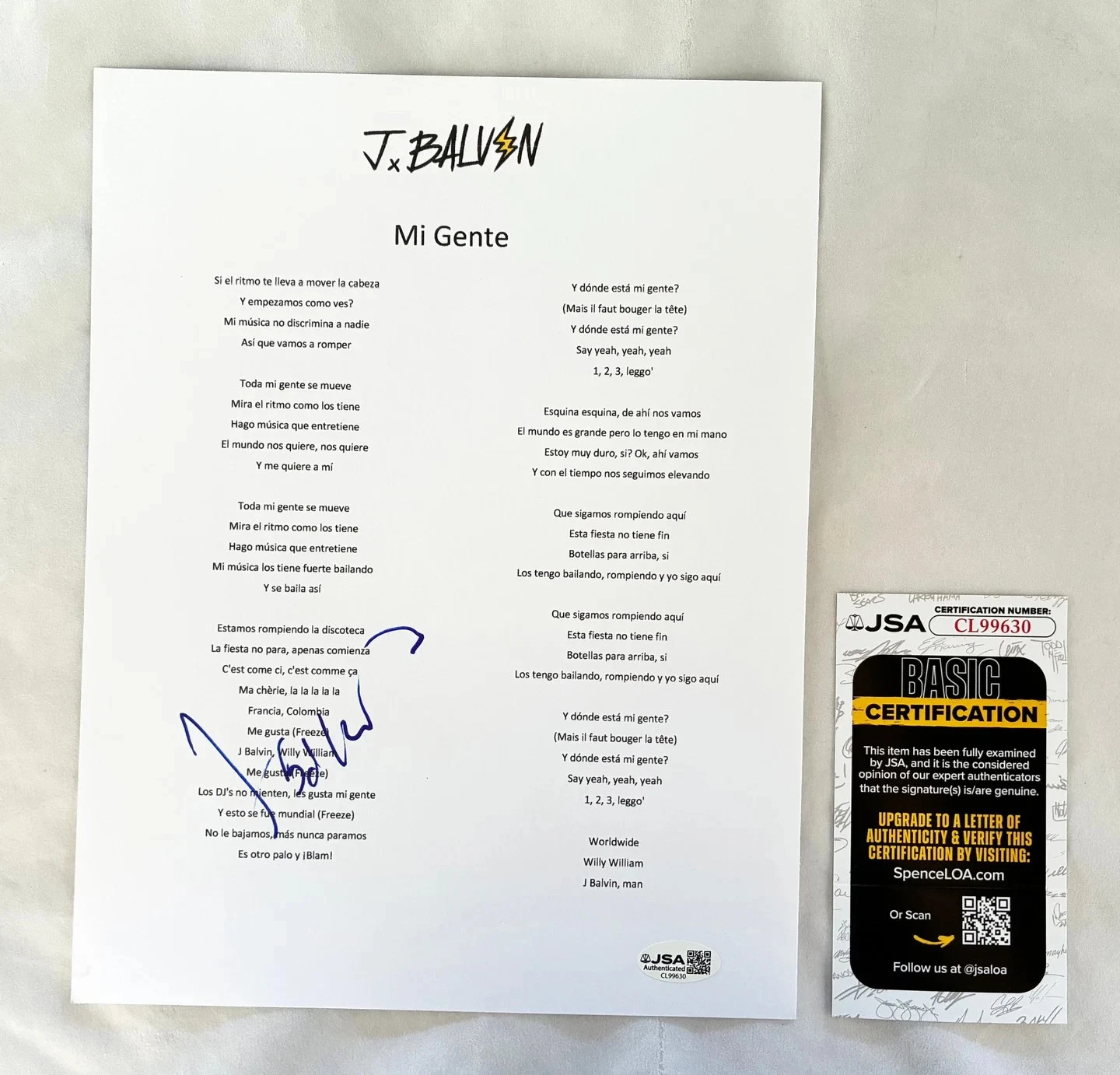 J Balvin Signed Lyric Sheet Mi Gente JSA COA
