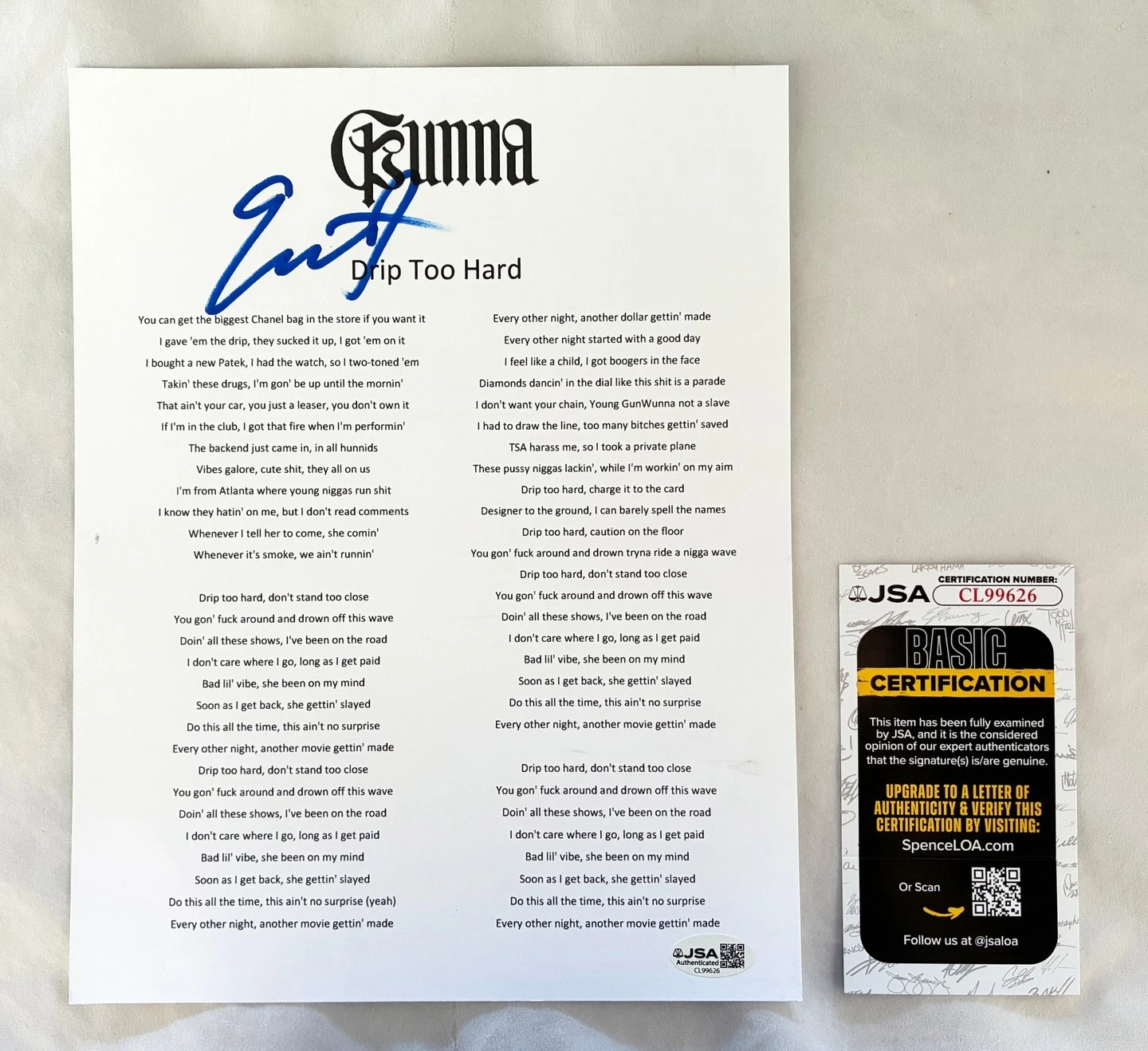 Gunna Signed Lyric Sheet Pushin' P JSA 1 COA