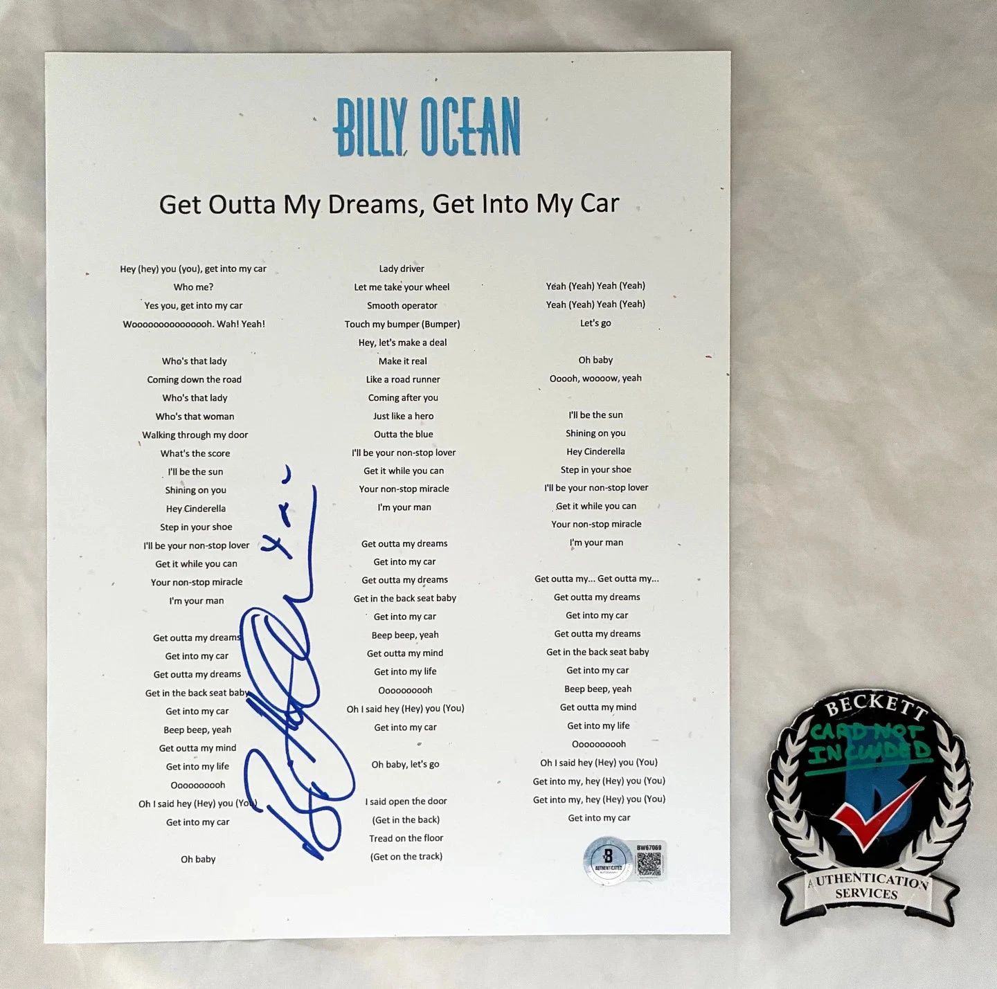 Billy Ocean Signed Lyric Sheet Get Outta My Dreams Get Into My Car Beckett BA...