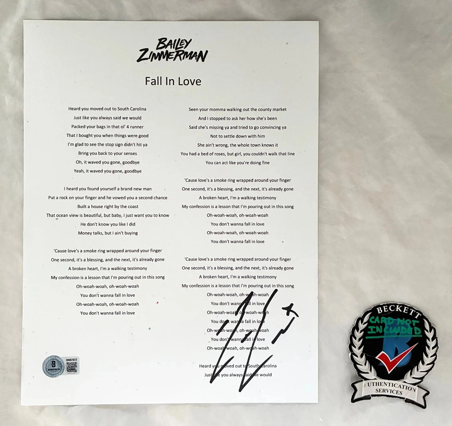 Bailey Zimmerman Signed Lyric Sheet Fall In Love Beckett BAS COA