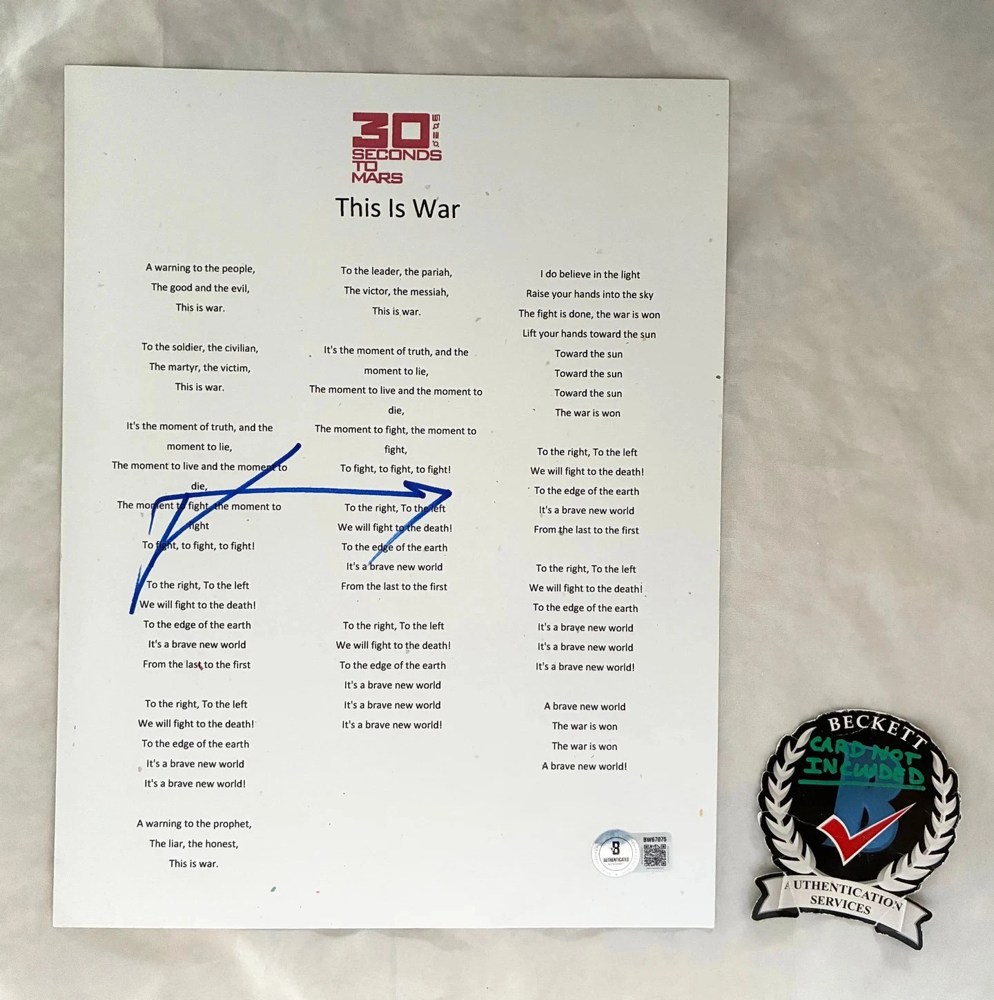 Jared Leto Signed Lyric Sheet 30 Seconds To Mars This Is War Beckett BAS COA