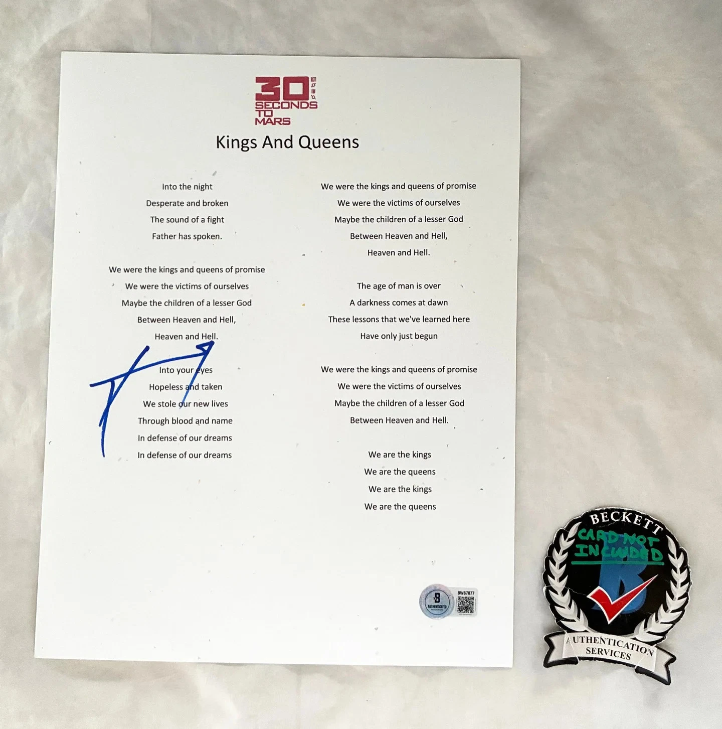 Jared Leto Signed Lyric Sheet 30 Seconds To Mars Kings And Queens Beckett BAS...