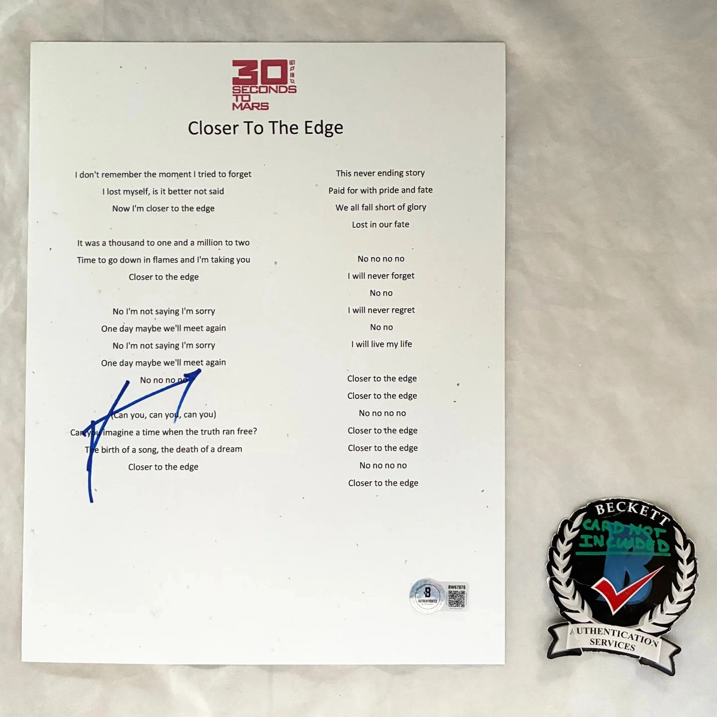 Jared Leto Signed Lyric Sheet 30 Seconds To Mars Closer To The Edge Beckett B...