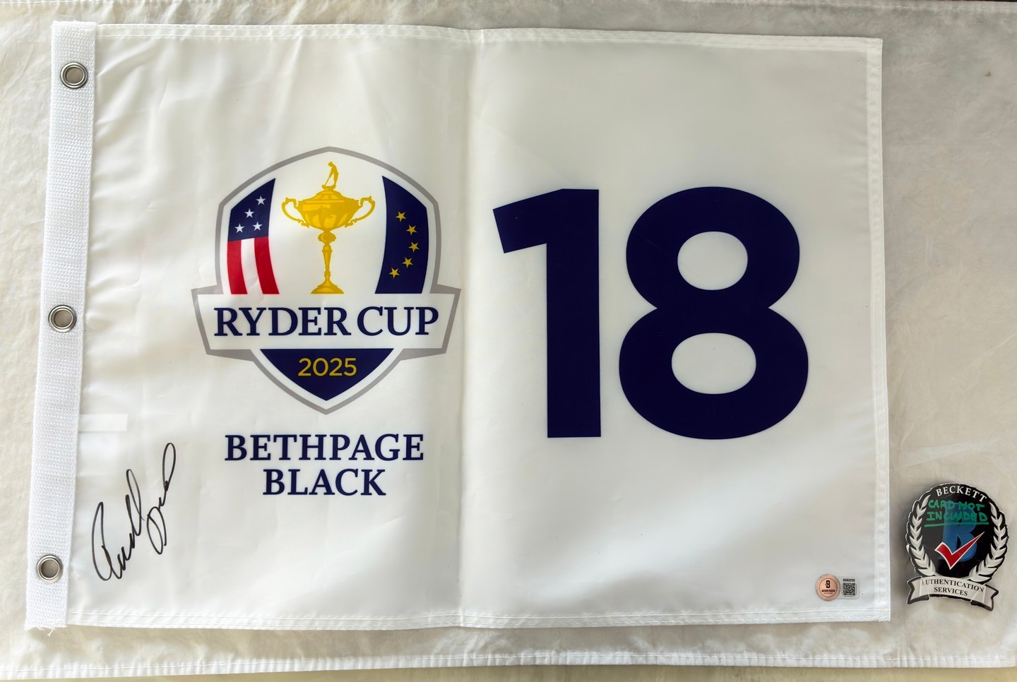 Rasmus Hojgaard Signed 2025 Ryder Cup Flag Bethpage Black Beckett BAS COA