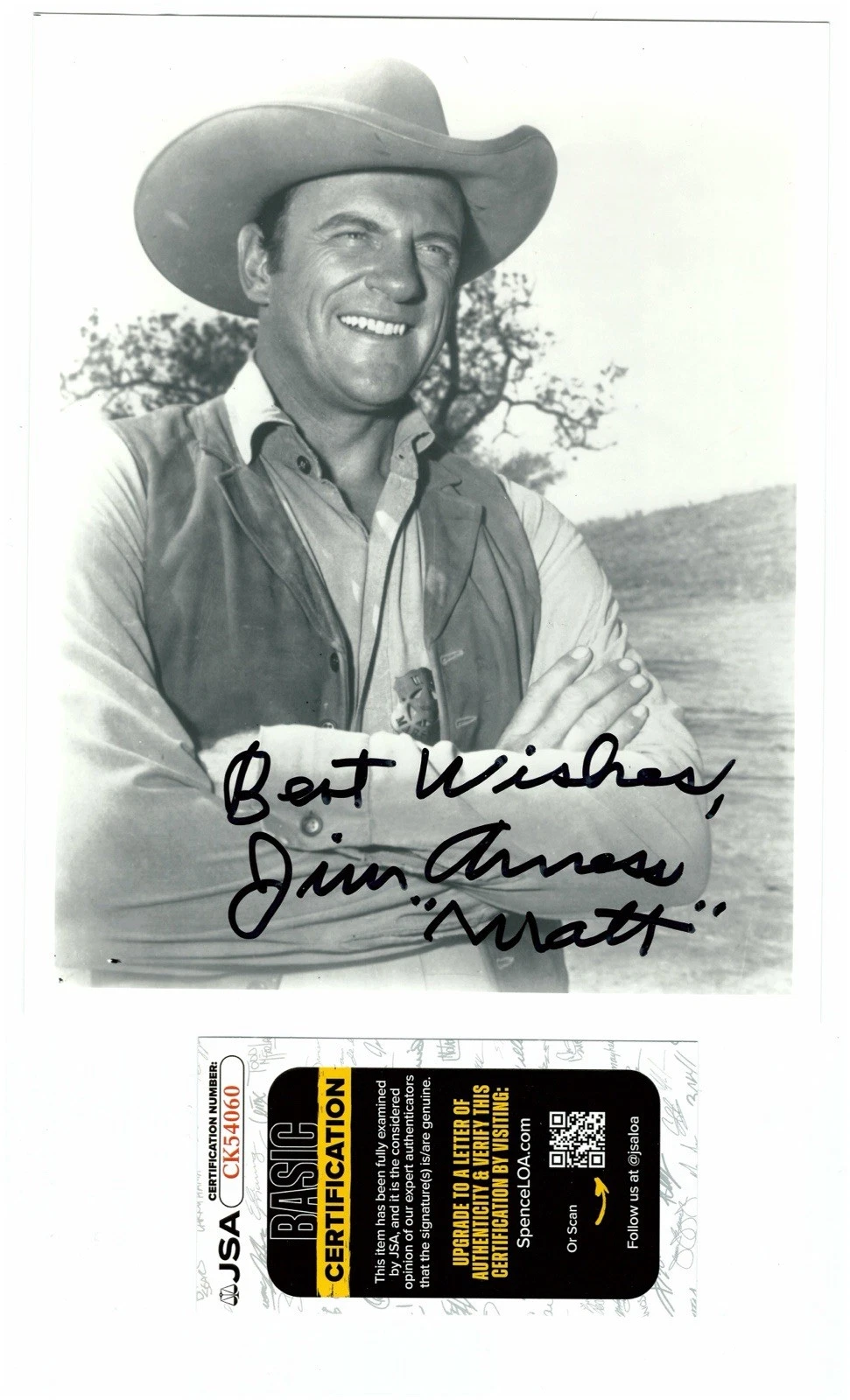 James Jim Arness Signed Autographed Gunsmoke 8x10 Photo Character Name JSA Cert