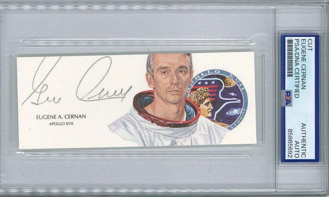 Gene Cernan Signed Cut Signature PSA/DNA Encapsulated Last Man On Moon Apollo 17