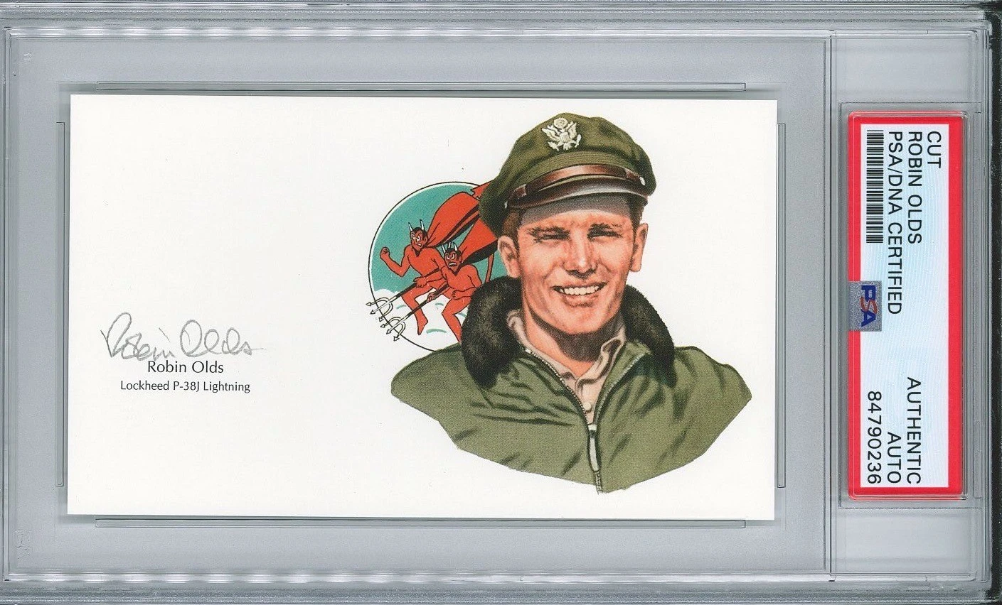 Robin Olds Signed Cut Signature PSA/DNA Triple Ace GOE P-38
