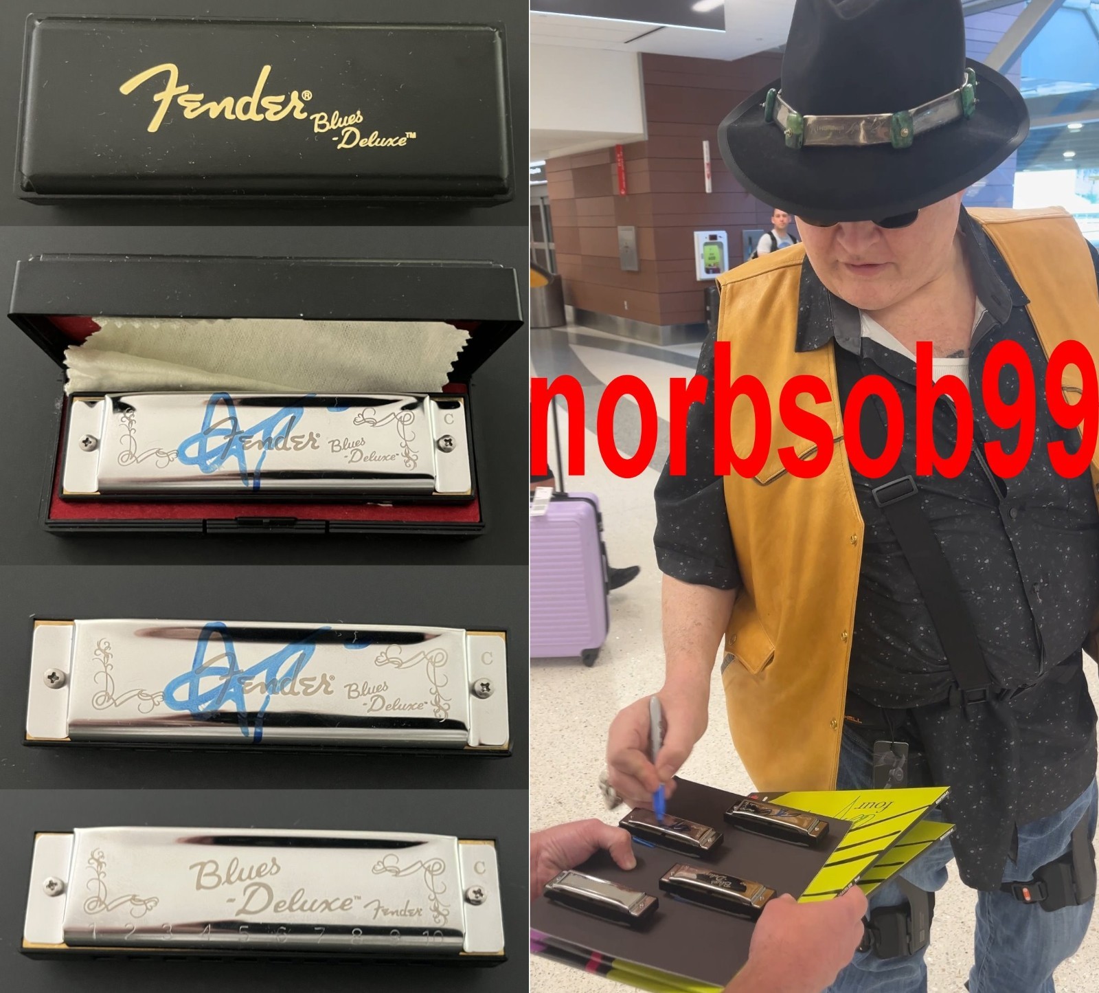 JOHN POPPER BLUES TRAVELER SIGNED AUTOGRAPH FENDER HARMONICA w/EXACT PROOF & COA