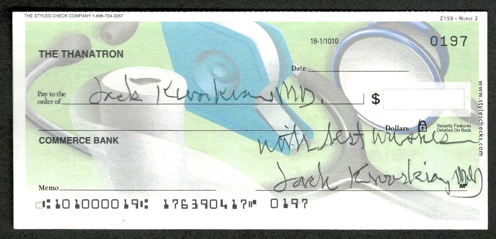 Jack Kevorkian Twice Signed Autographed Check JSA Letter Dr Death