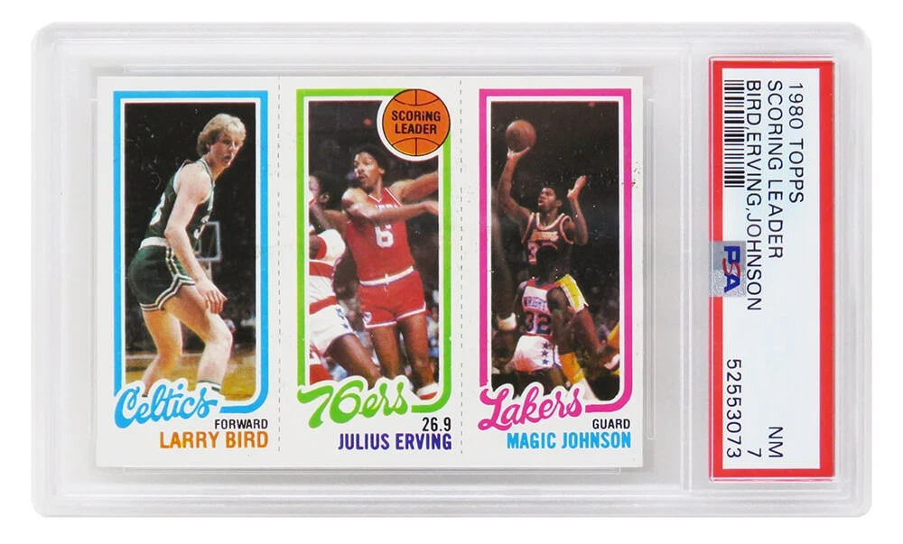 Larry Bird, Magic Johnson & Julius Erving 1980 Topps Scoring Leader Card (PSA 7)
