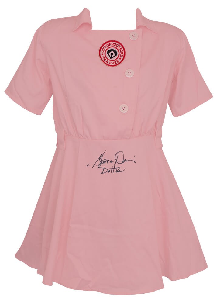 GEENA DAVIS SIGNED ROCKFORD PEACHES COSTUME BASEBALL JERSEY W/DOTTIE – (SS COA) COLLECTIBLE MEMORABILIA