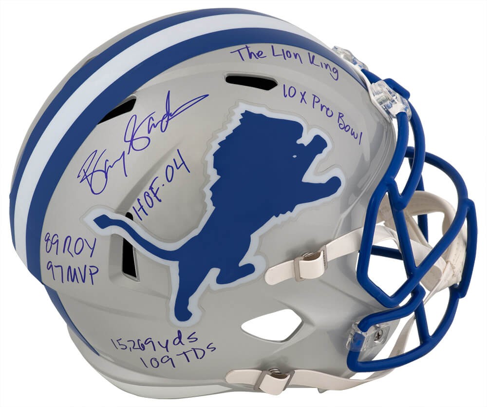 Barry Sanders Signed Lions T/B Riddell Full Size Rep Helmet w/7-INSC - (SS COA)