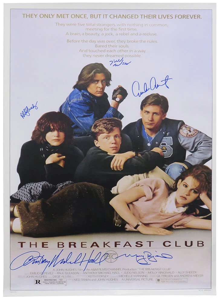 THE BREAKFAST CLUB CAST SIGNED 27×40 POSTER (ESTEVEZ, RINGWALD, +3 SIGS) -SS COA COLLECTIBLE MEMORABILIA