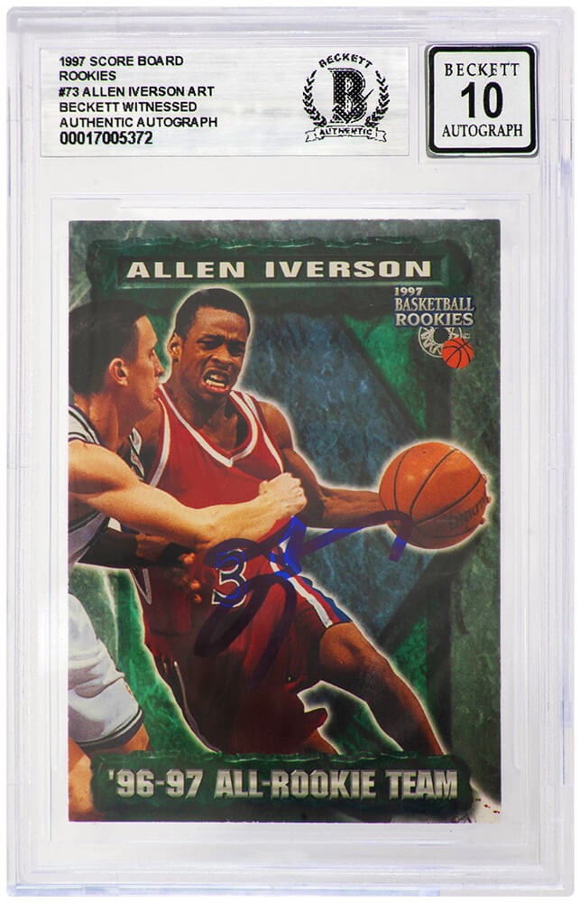 Allen Iverson Signed 76ers 1997 Score Board Rookie Card #73 (Beckett - Auto 10)