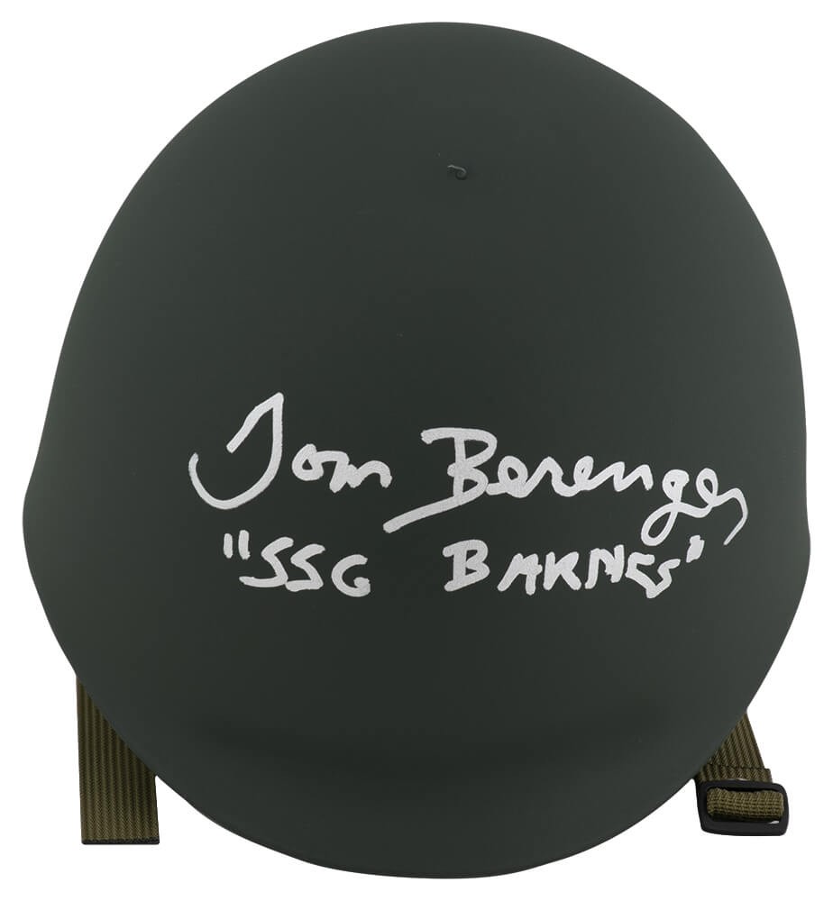 TOM BERENGER (PLATOON) SIGNED GREEN ARMY COSTUME HELMET W/SSG BARNES – (SS COA) COLLECTIBLE MEMORABILIA