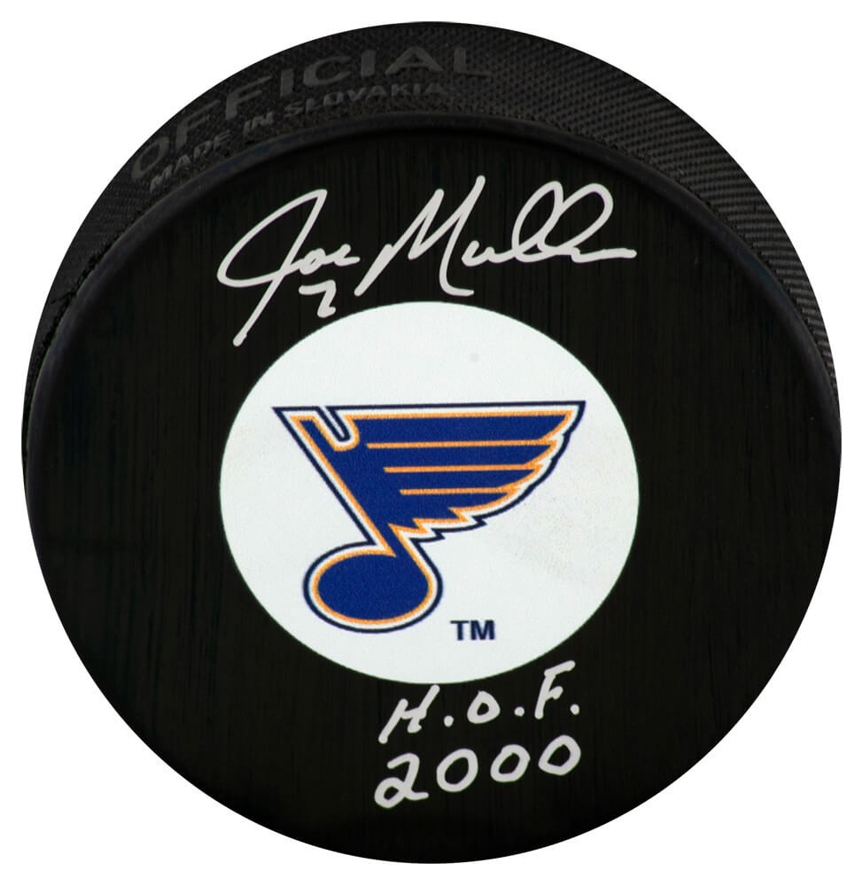 Joe Mullen Signed St Louis Blues Logo Hockey Puck w/HOF 2000 - (SCHWARTZ COA)