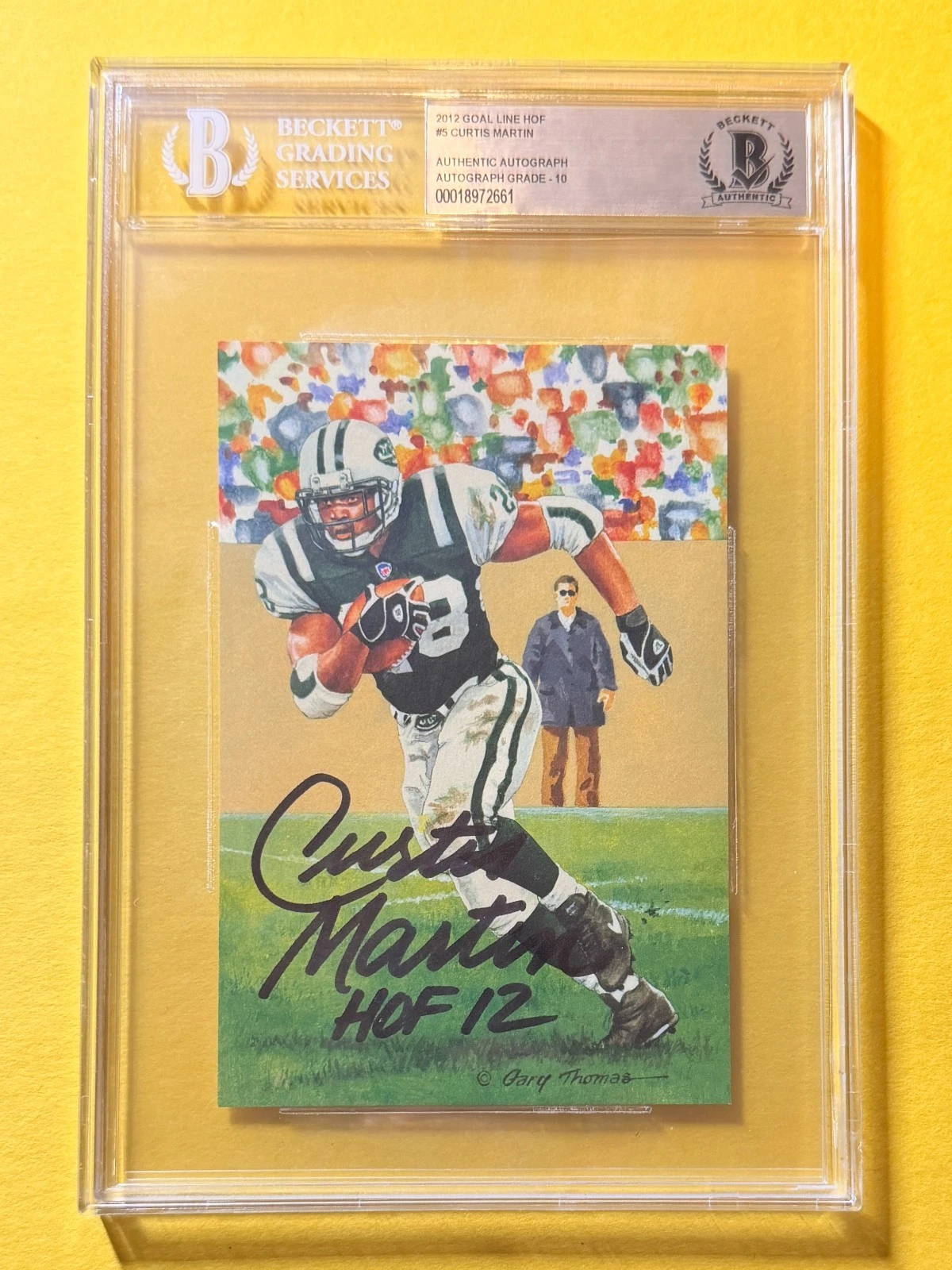 2012 GOAL LINE HOF CURTIS MARTIN #5 SIGNED ART BECKETT AUTHENTIC 10 