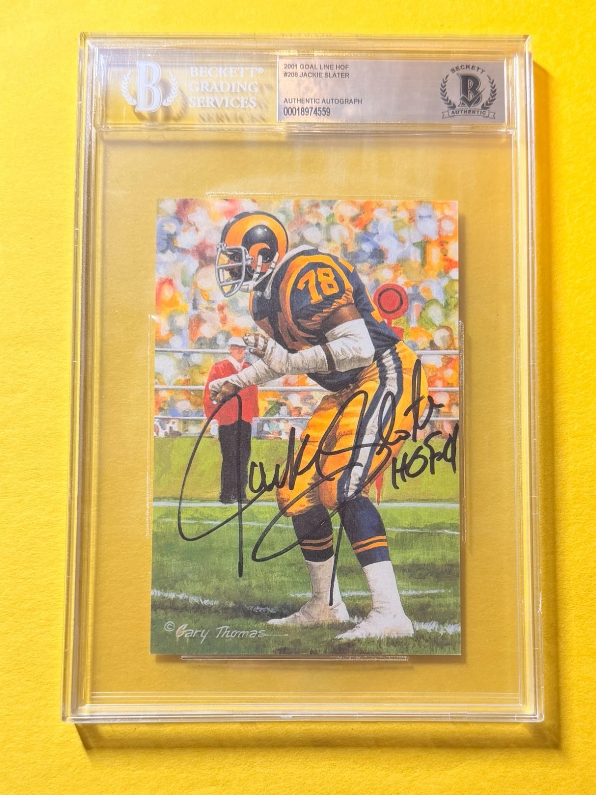 2001 GOAL LINE HOF JACKIE SLATER #208 SIGNED ART BECKETT AUTHENTIC 