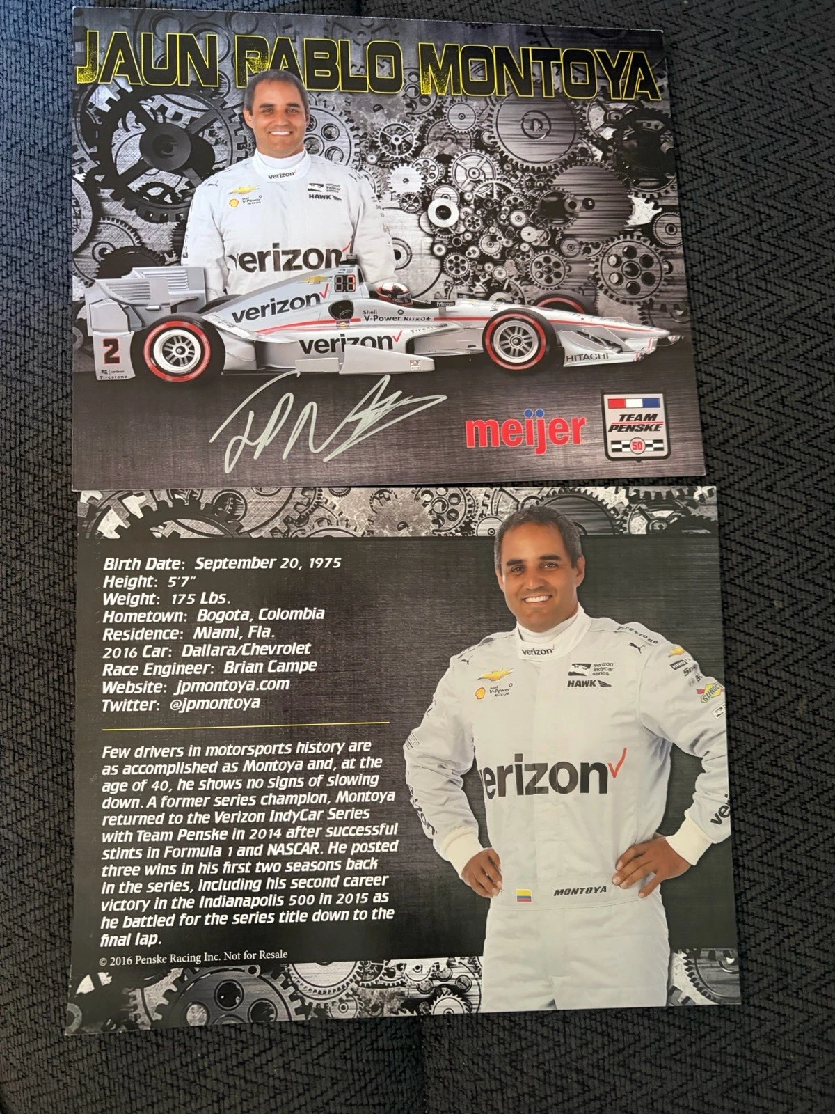 Juan Montoya Indy Car Indianapolis 500 Promo hero Card Auto Meijer 2016