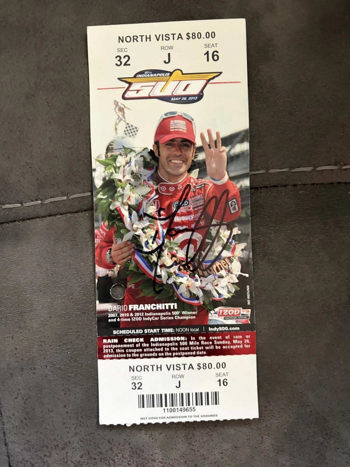 Dario Franchitti (2012 Winner) Signed Indianapolis Indy 500 Ticket 2013 Race