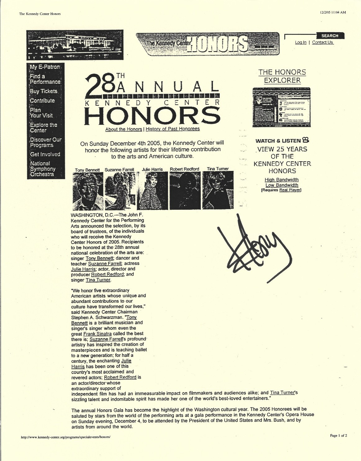 K.D. Lang REAL hand SIGNED Kennedy Center Honors Flyer COA Autographed