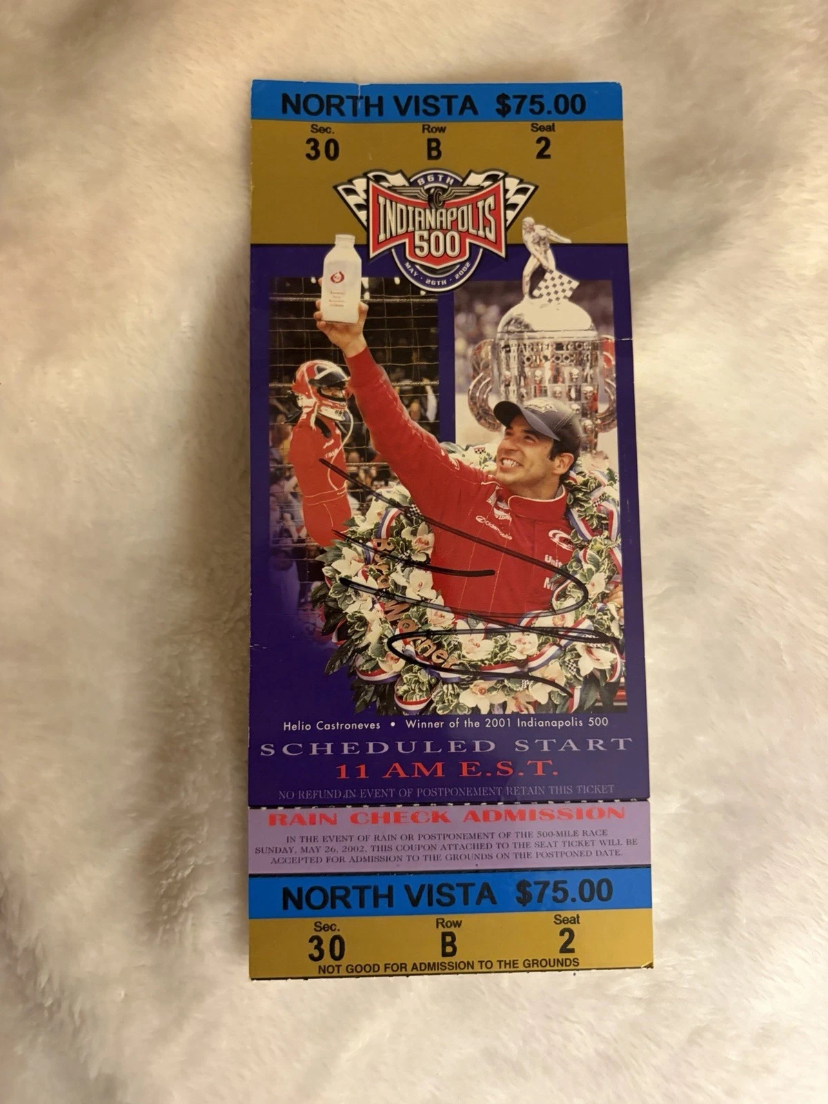 Helio Castroneves (2001 Winner) Signed Indianapolis Indy 500 Ticket 2002 Creased