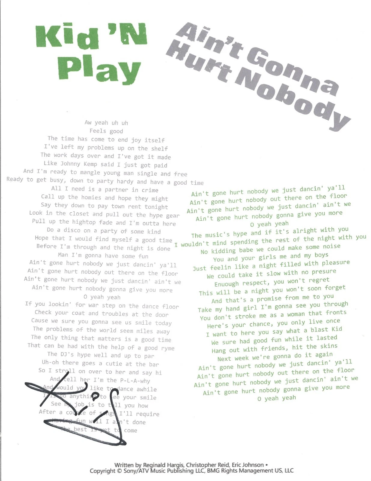 Christopher Kid Reid Kid 'N Play SIGNED Ain't Gonna Hurt Nobody Lyric Sheet COA