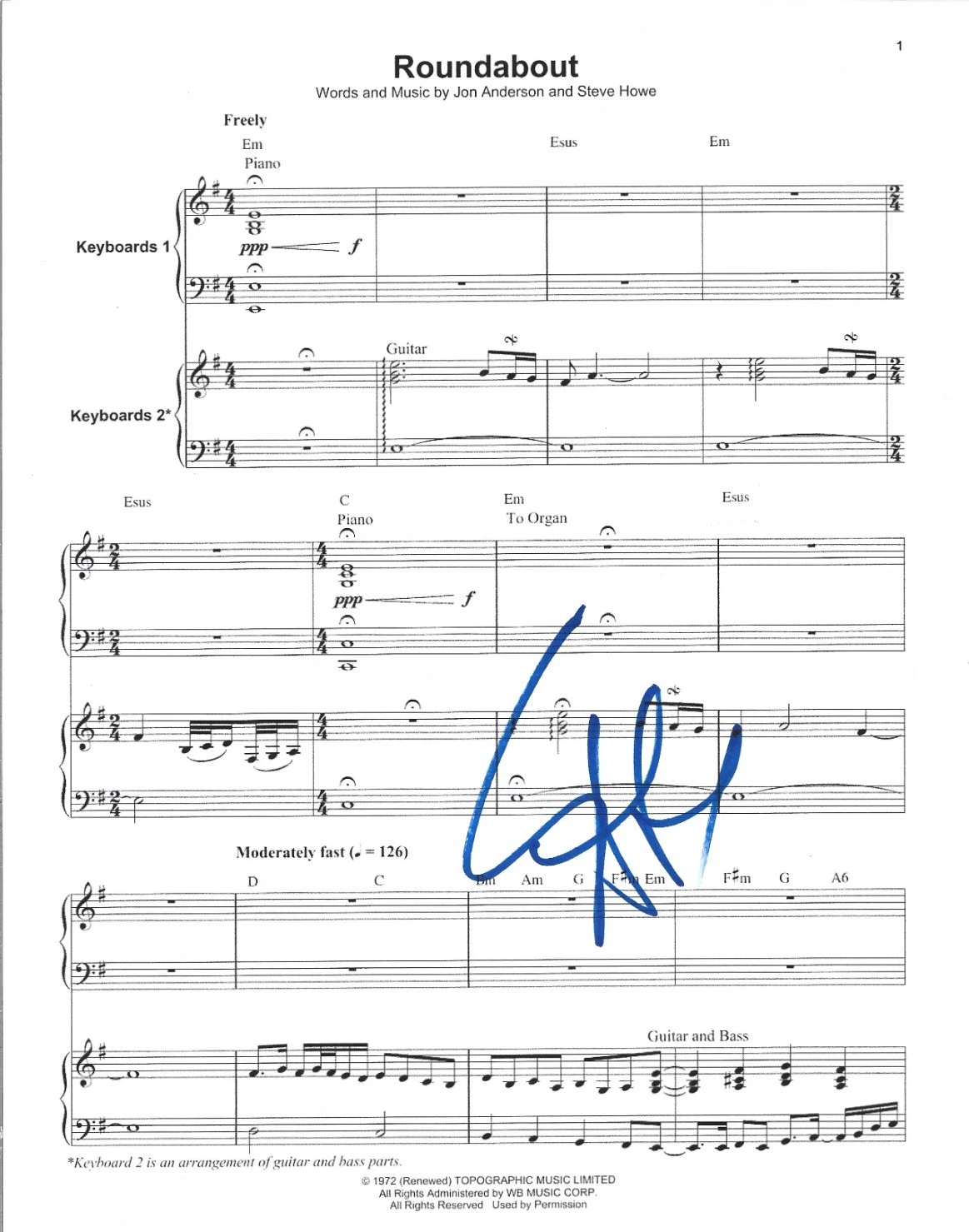 Steve Howe of YES band hand SIGNED Roundabout paper Sheet Music COA Autographed