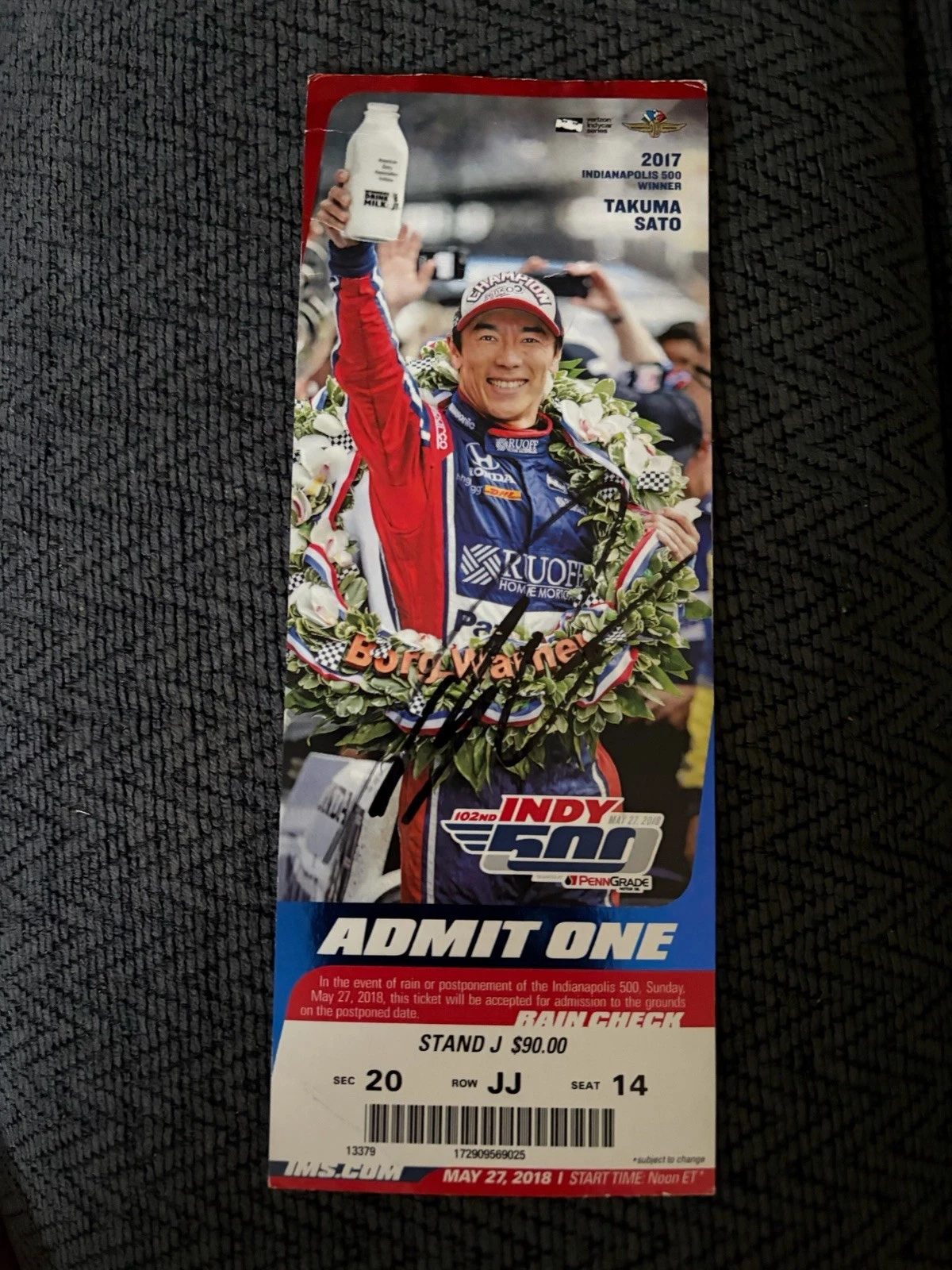 Takuma Sato (2017 Winner) Signed Indianapolis Indy 500 Ticket 2018 Race