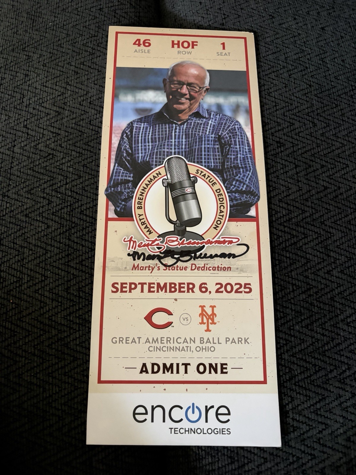 Marty Brennaman Signed 2025 Commemorative Ticket Cincinnati Reds Statue 9/6/25