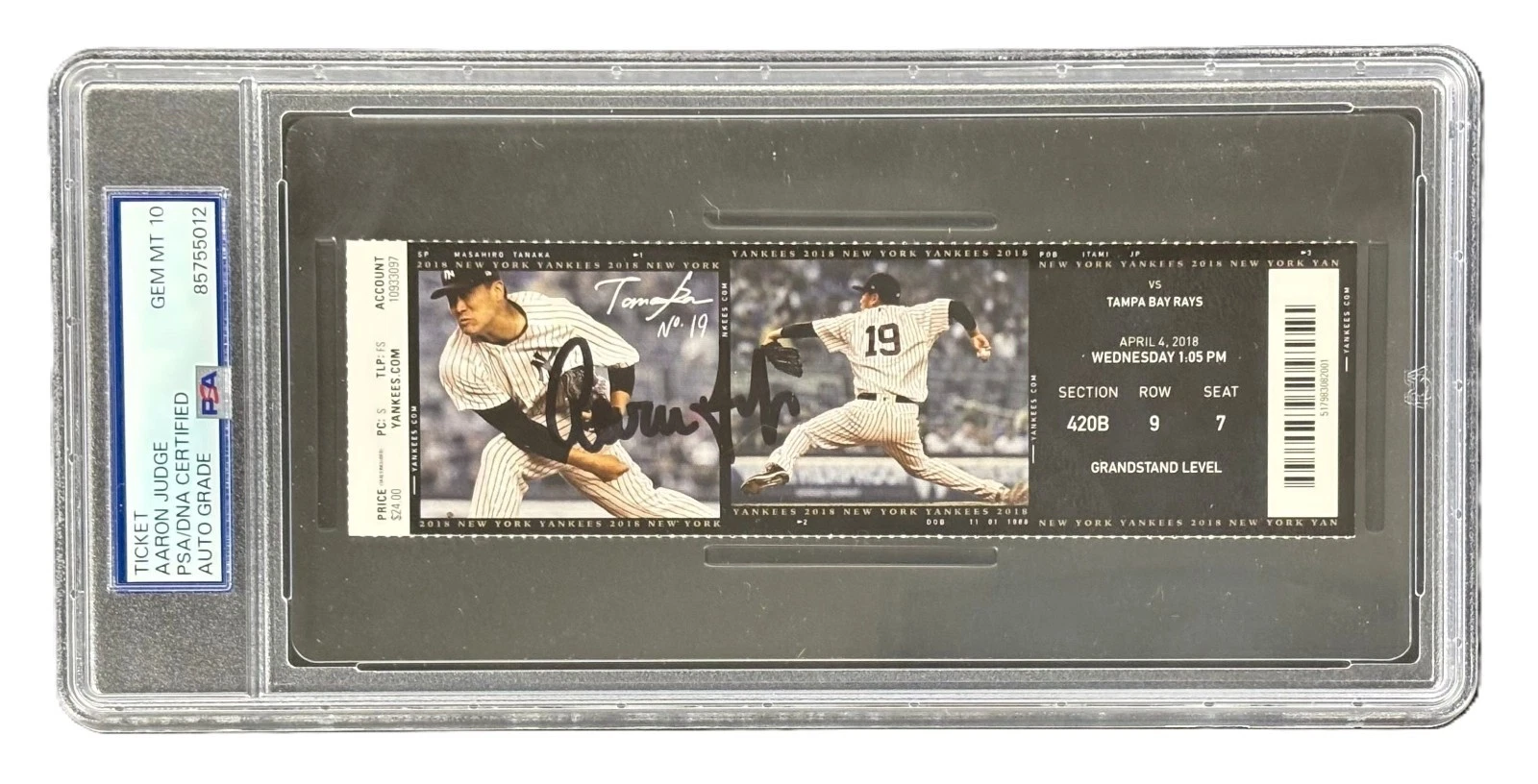 Aaron Judge Signed 1st Home Run HR 2018 April 4th Yankees Ticket PSA PSA/DNA 10