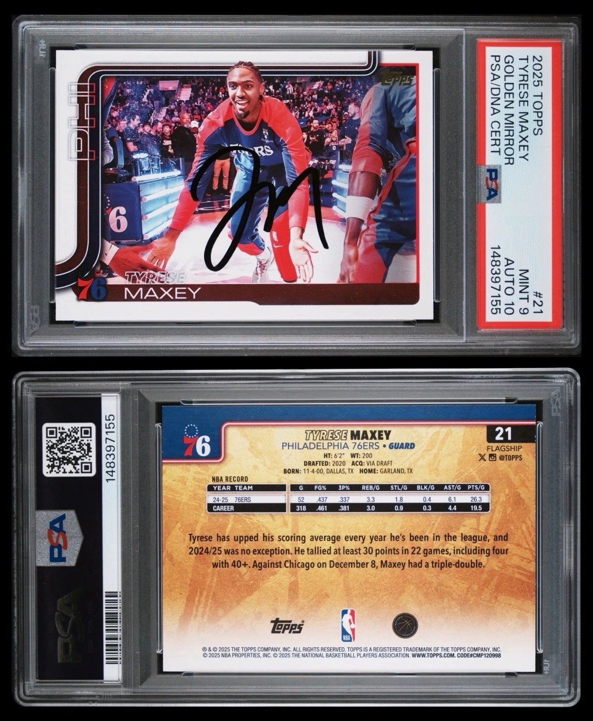 2025 Topps NBA #21 Tyrese Maxey Signed Golden Mirror SSP Card PSA MINT 9/AUTO 10