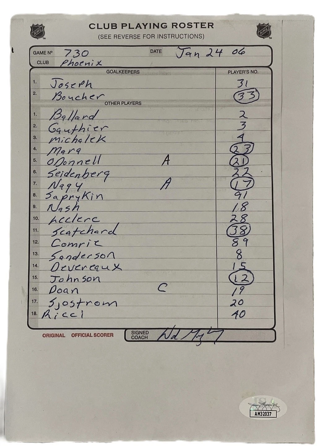 Wayne Gretzky Signed Handwritten 2006 Club Coyotes Roster Sheet JSA