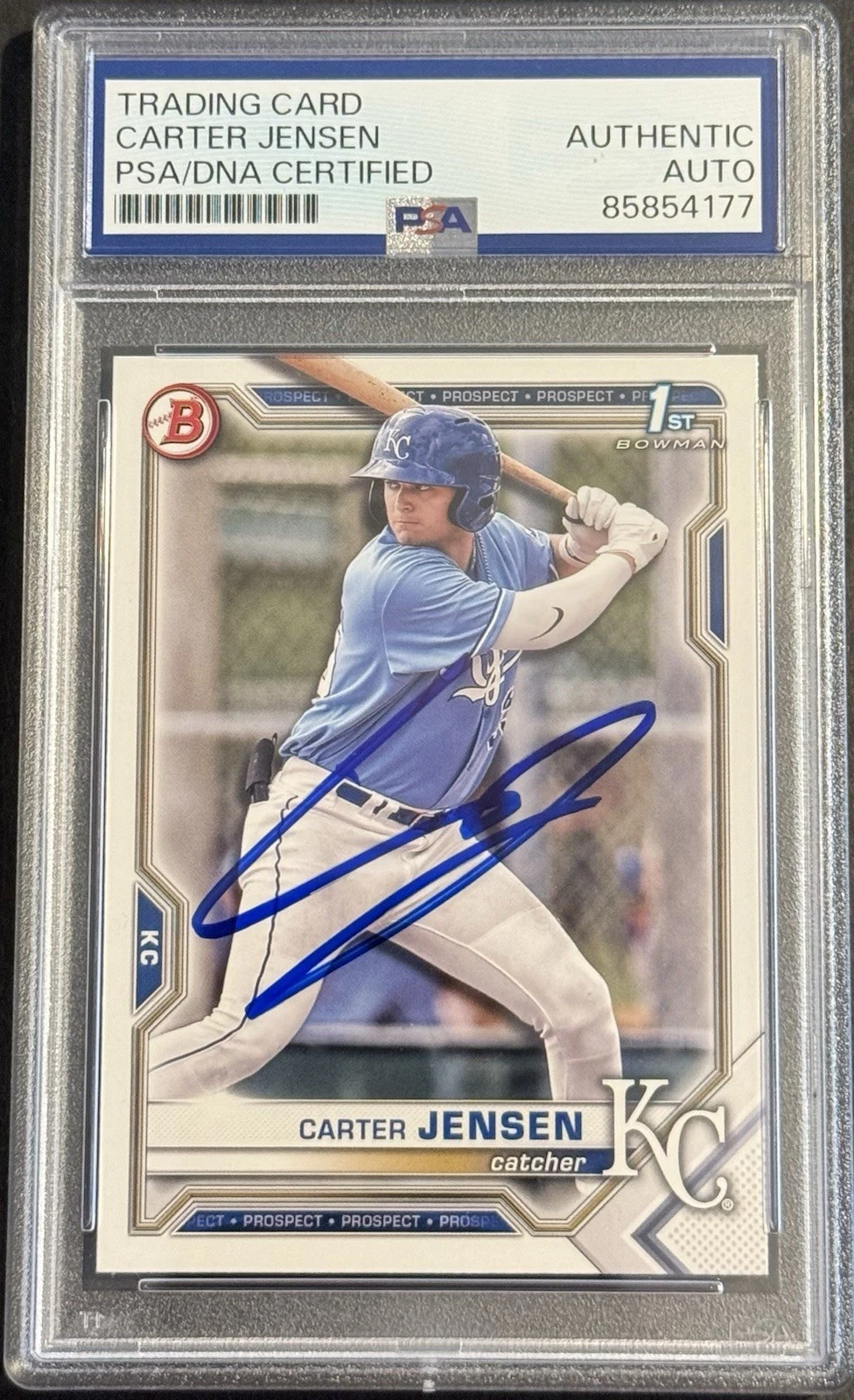 Carter Jensen Signed 2021 Bowman 1st Rookie Card On Card PSA/DNA Slabbed Royals