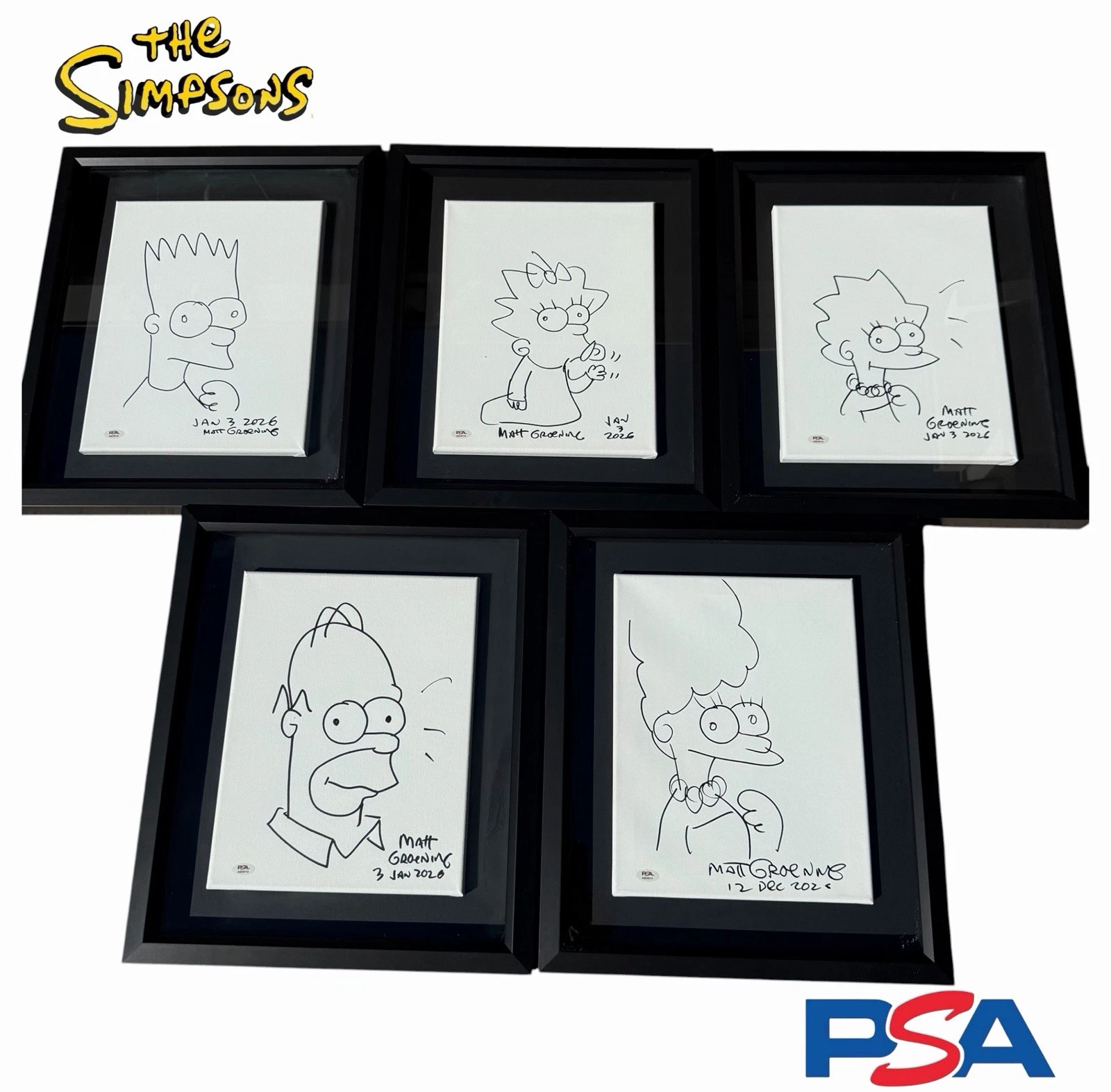 Matt Groening Signed + Sketched The Simpsons Family 11x14 Framed Canvas PSA AUTO