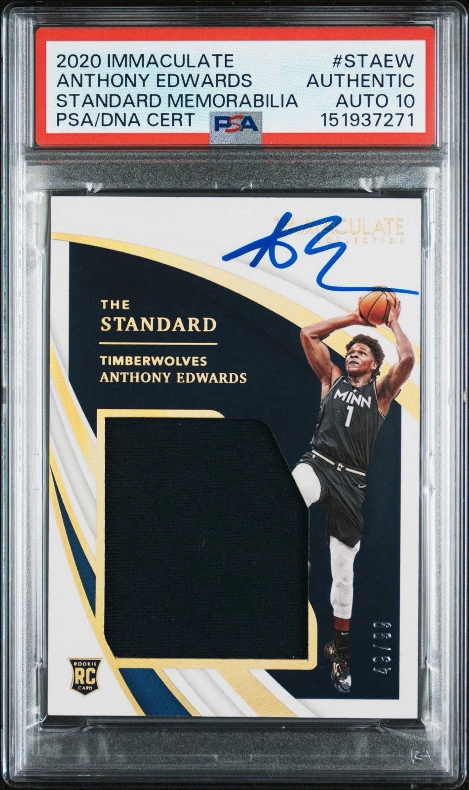 2020 Panini Immaculate Anthony Edwards Rookie Memorabilia /99 PSA/DNA AUTO 10 RC