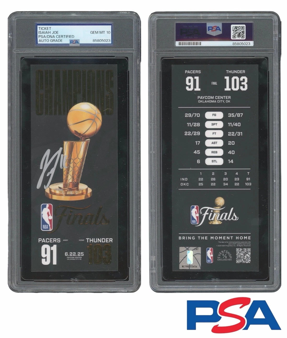 Isaiah Joe Signed 2025 NBA FINALS CHAMPIONS Ticket PSA 10 AUTO OKC THUNDER