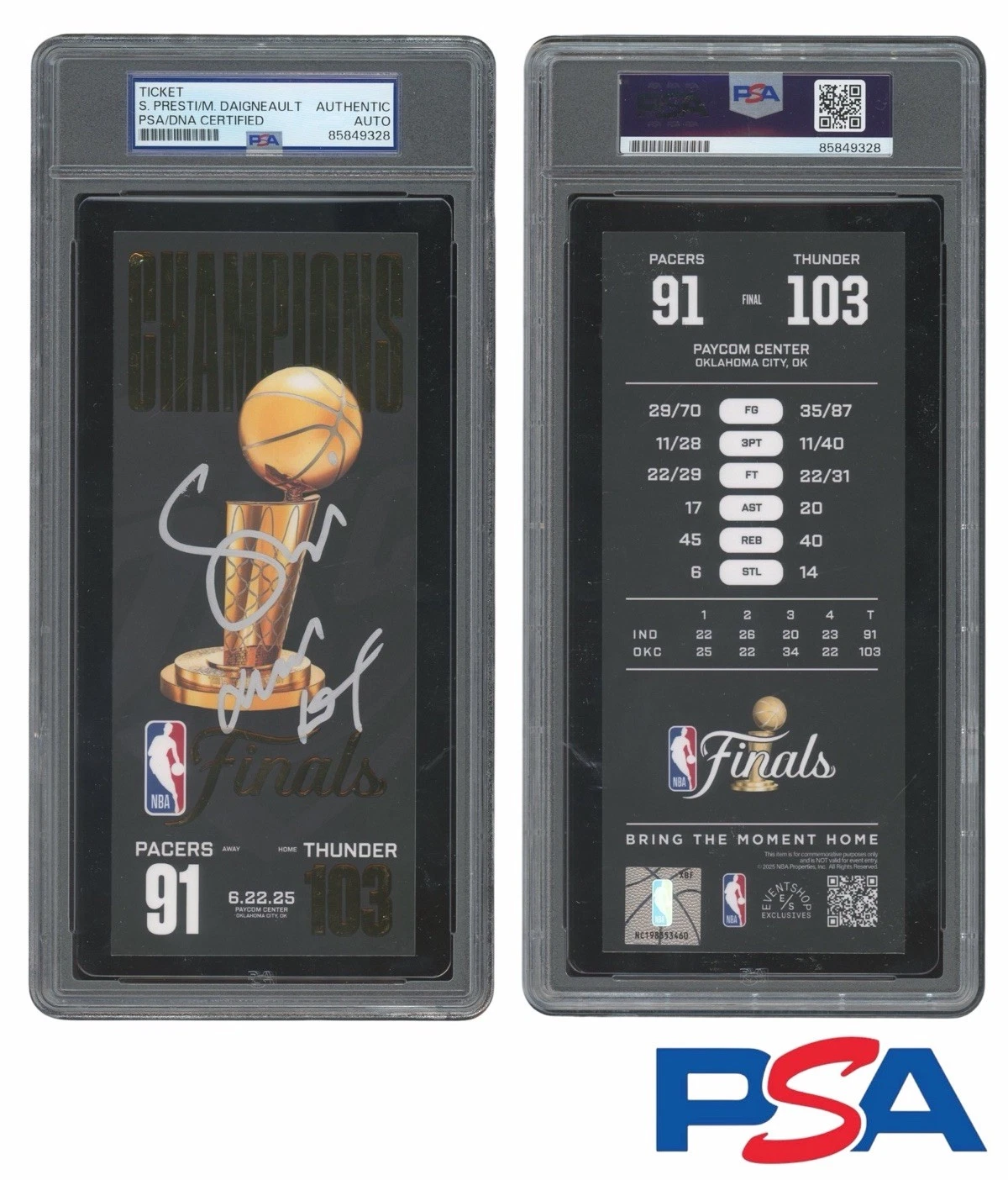 Sam Presti & Mark Daigneault Signed NBA 2025 CHAMPIONS Ticket PSA AUTO THUNDER