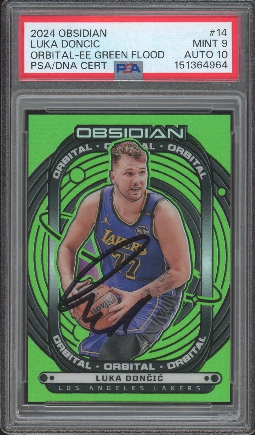 2024 Panini Obsidian #14 Luka Doncic Electric Etch Green Flood /25 PSA 9/AUTO 10