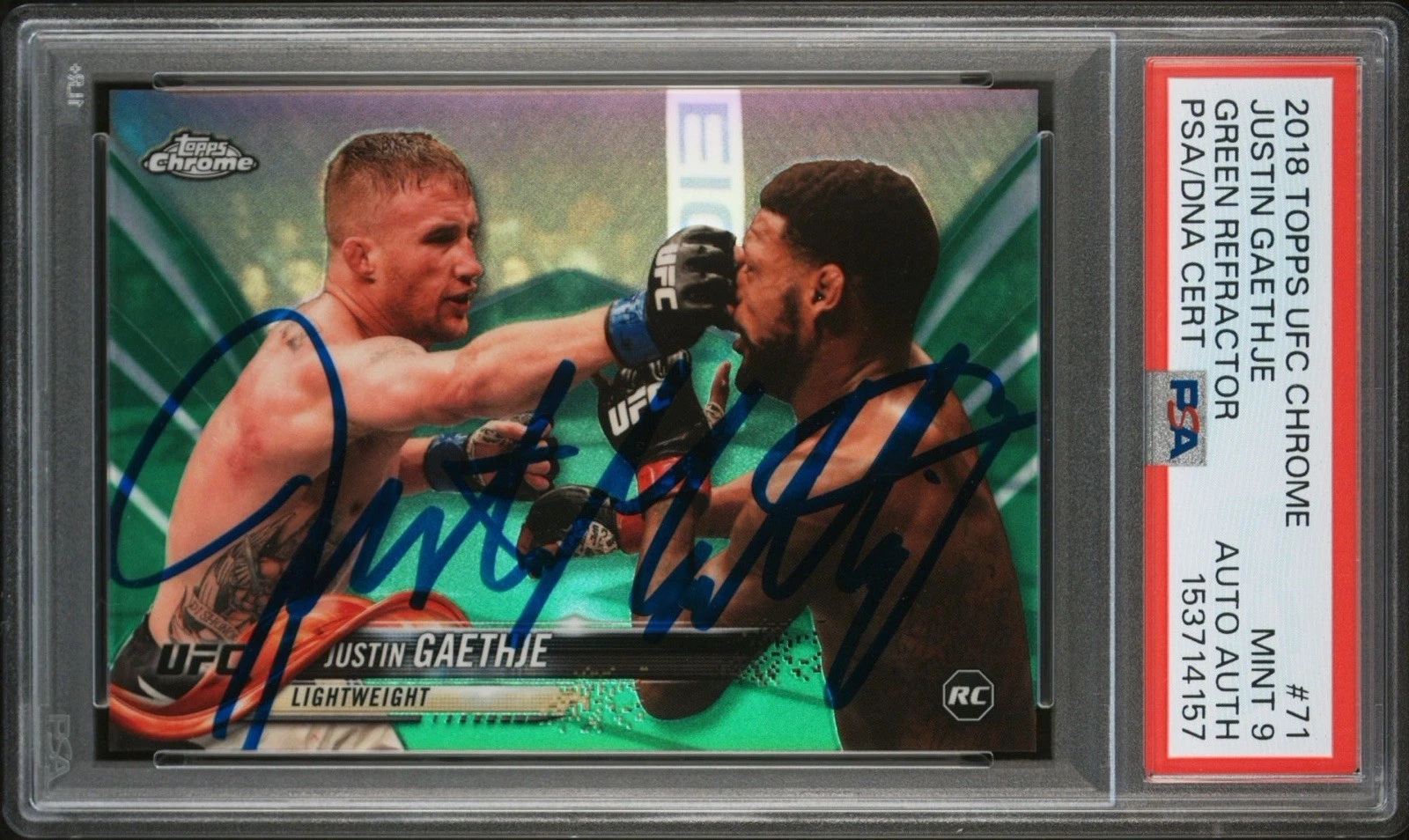 2018 Topps Chrome UFC #71 Justin Gaethje Green Refractor Rookie Auto /99 PSA 9