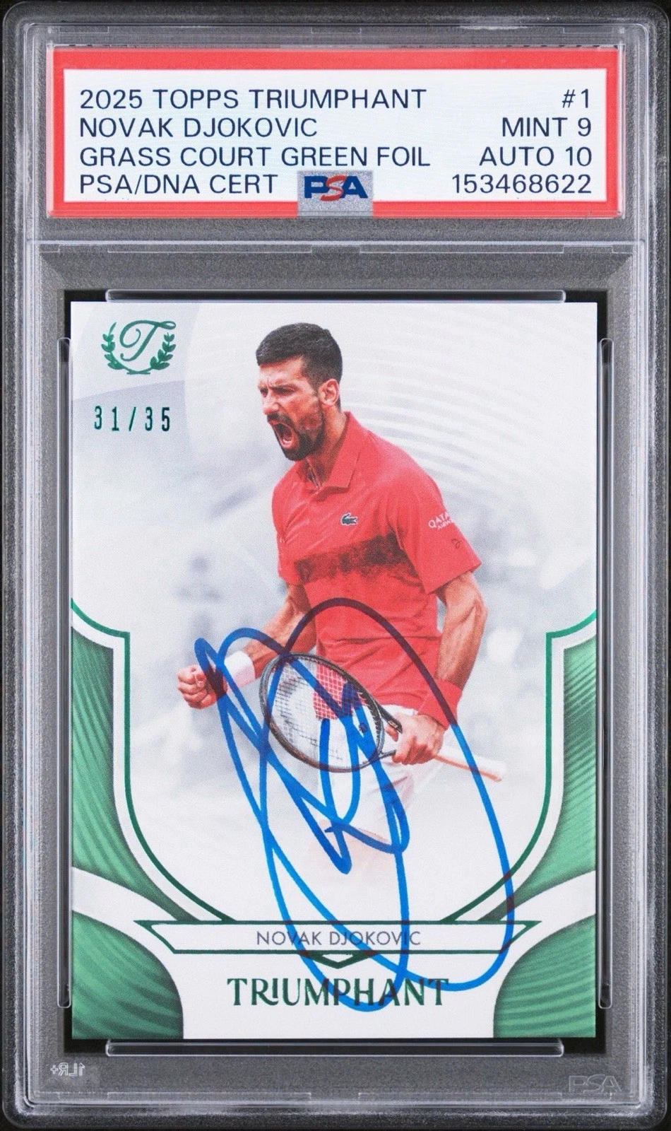 2025 Topps Triumphant #1 Novak Djokovic Grass Court Green Foil /35 PSA 9/AUTO 10