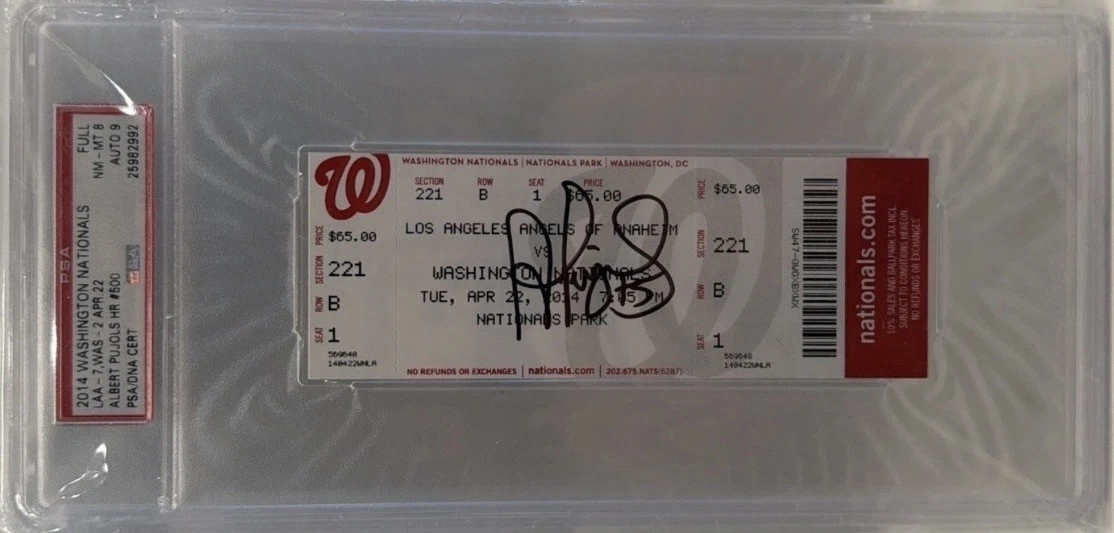 Albert Pujols Signed 500th Home Run April 22nd, 2014 Full Ticket PSA 8 9 Auto