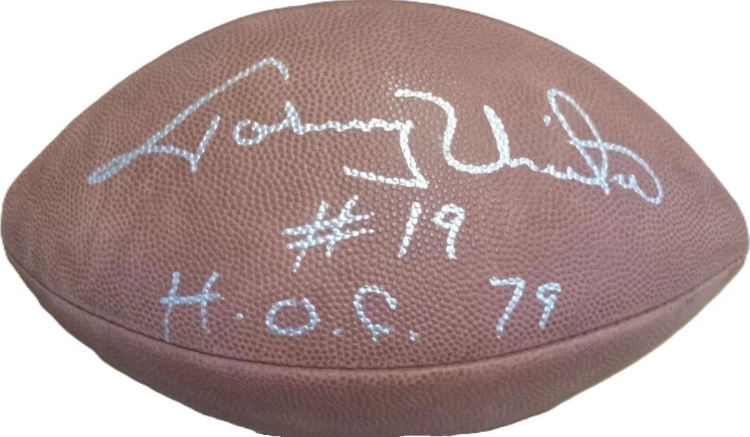 Johnny Unitas Signed #19 HOF 79 Inscribed Leather NFL Football JSA LOA