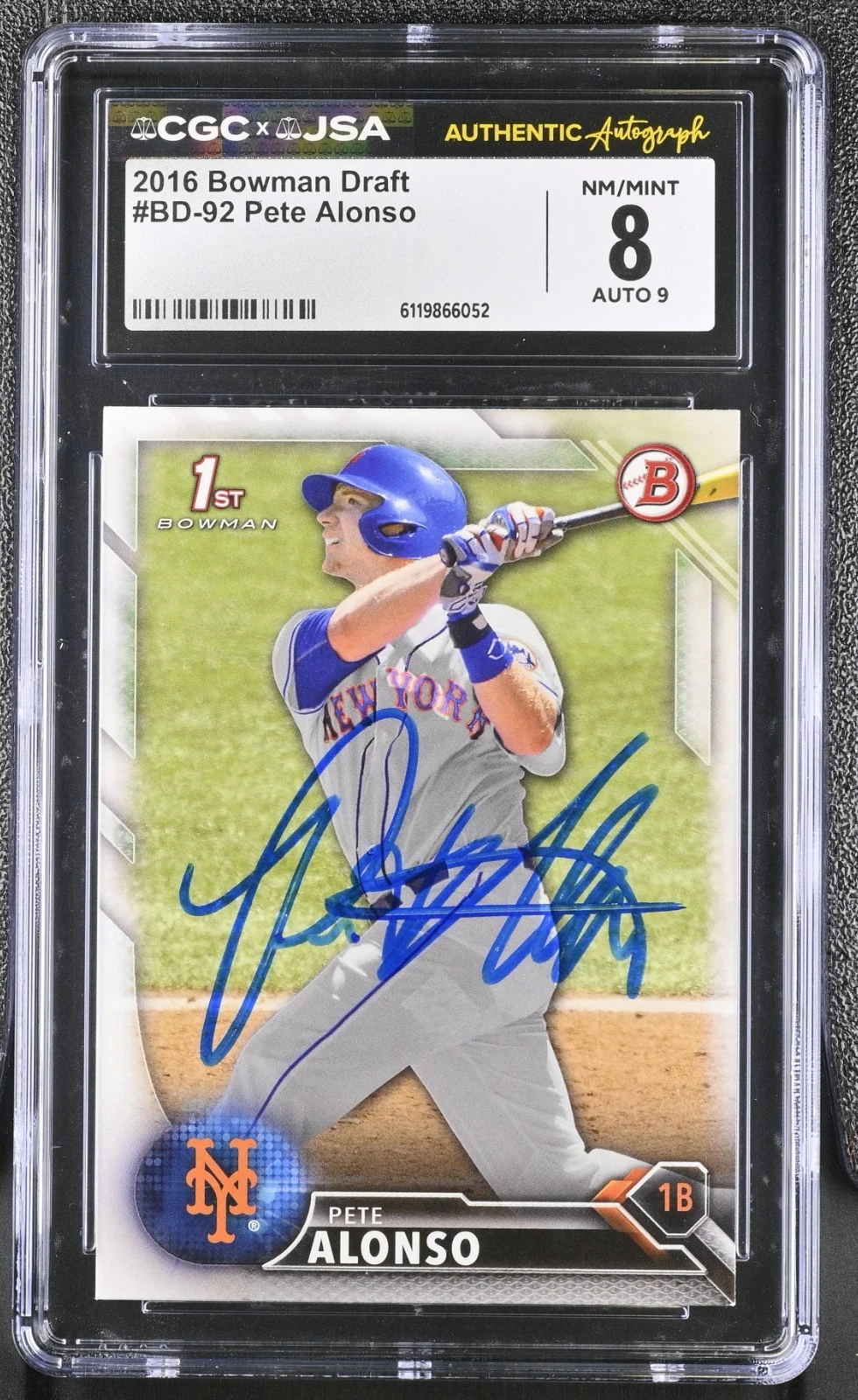 PETE ALONSO SIGNED 2016 BOWMAN DRAFT ROOKIE CARD #BD-92 CGC 8 JSA 9 AUTO