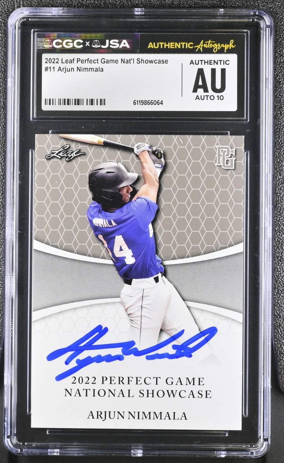 ARJUN NIMMALA SIGNED 2022 LEAF PERFECT GAME ROOKIE CARD #11 CGC AU JSA 10 AUTO