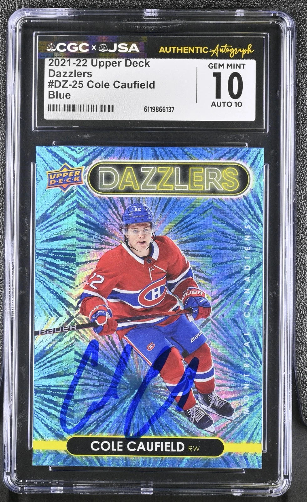 COLE CAUFIELD SIGNED 2021-22 UPPER DECK DAZZLERS CARD #DZ-25 CGC 10 JSA 10 AUTO