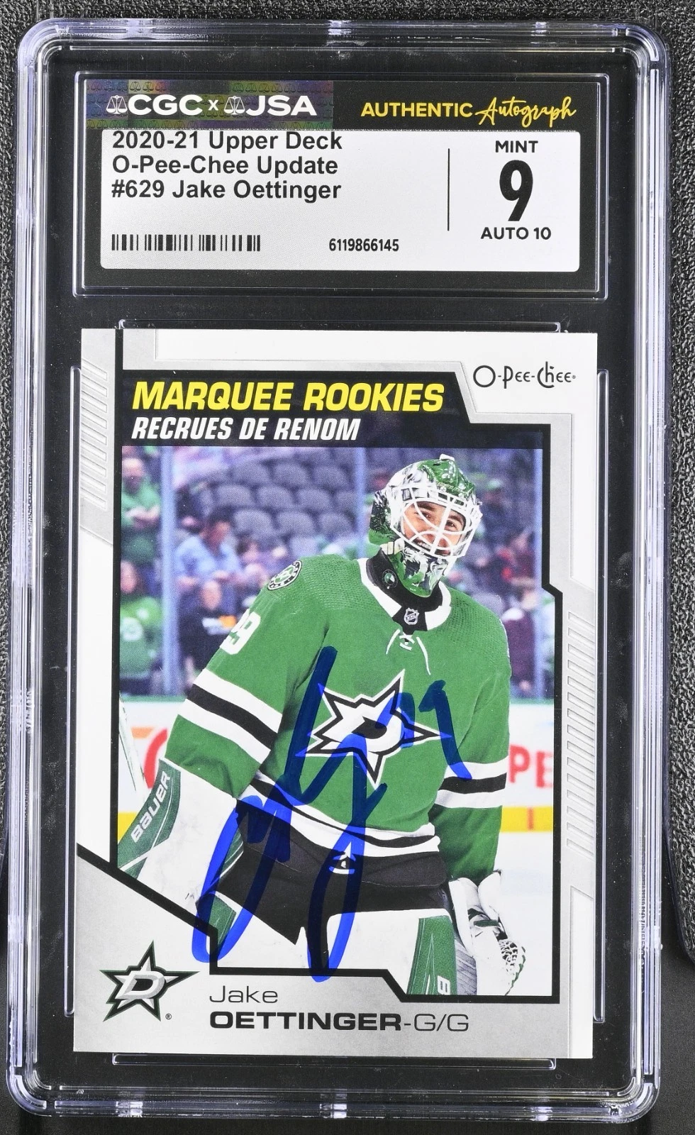 JAKE OETTINGER SIGNED 2020-21 O-PEE-CHEE ROOKIE CARD #629 CGC 9 JSA 10 AUTO