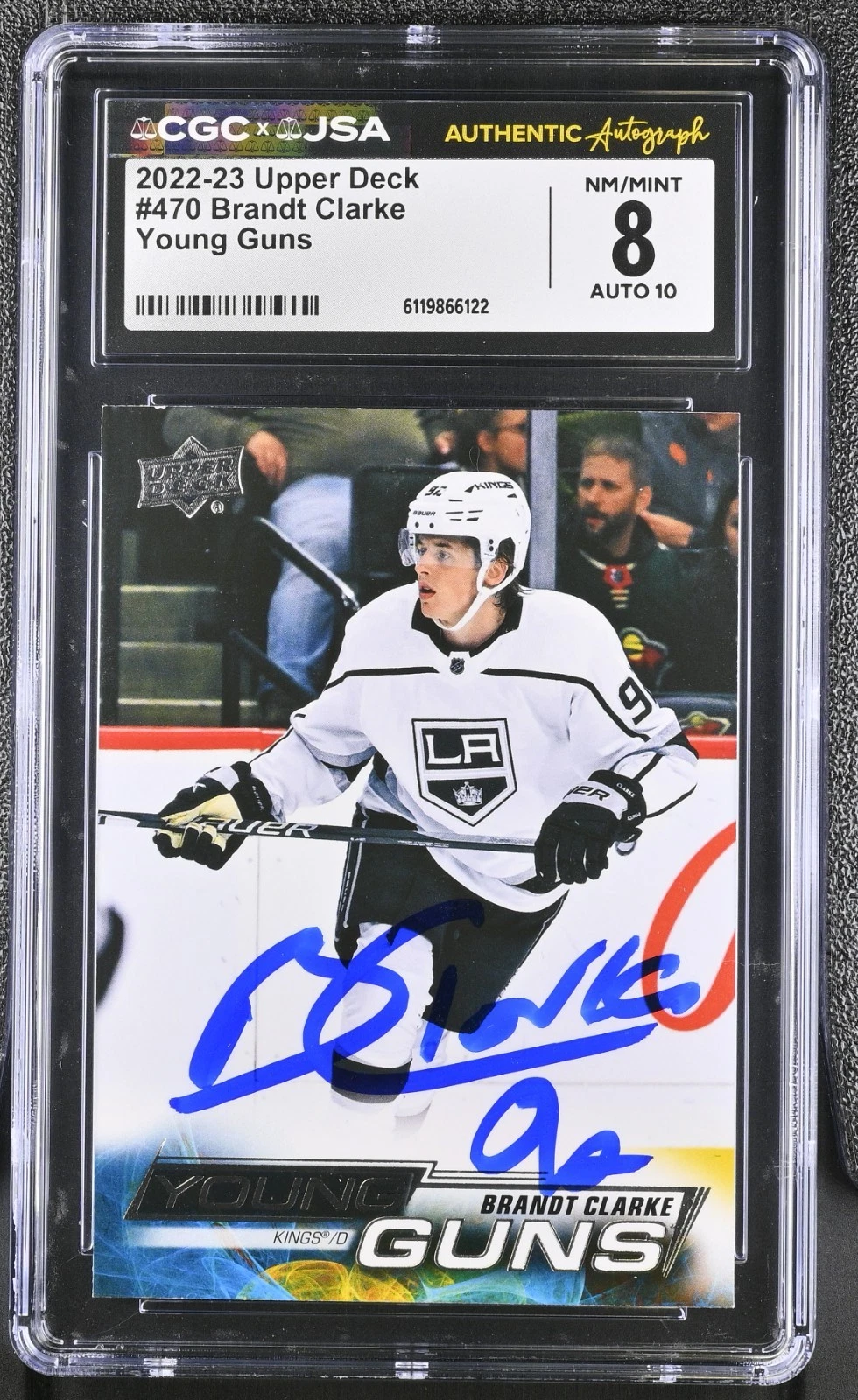 BRANDT CLARKE SIGNED 2022-23 UD YOUNG GUNS ROOKIE CARD #470 CGC 8 JSA 10 AUTO