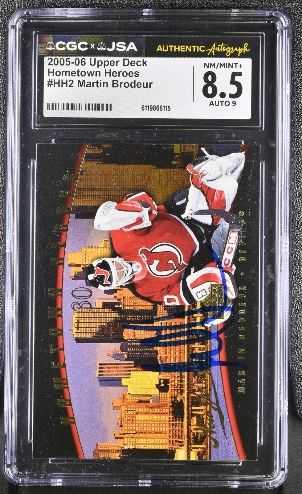 MARTIN BRODEUR SIGNED 2005-06 UD HOMETOWN HEROES CARD #HH2 CGC 8.5 JSA 9 AUTO